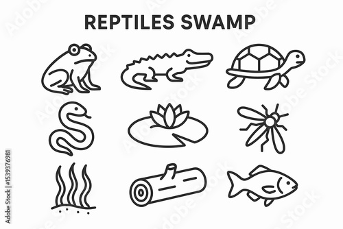 Swamp reptiles and wildlife icons: frog, crocodile, turtle, snake, insect, fish