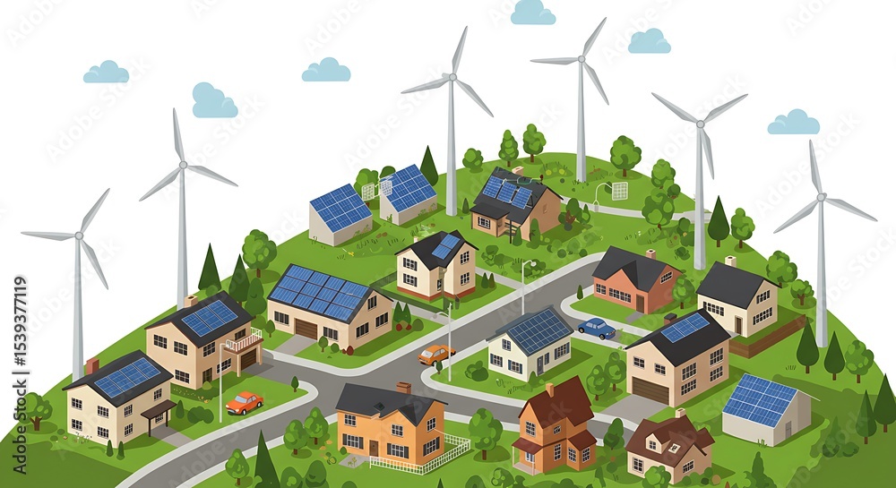 Fototapeta premium Sustainable village with wind turbine and solar panel