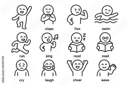 12 expressive stick figures displaying various activities and emotions