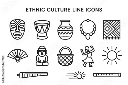 Set of ethnic culture line icons featuring traditional artifacts and symbols