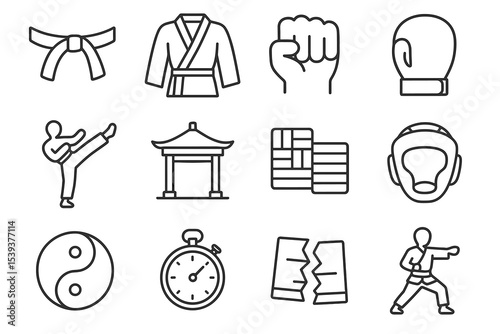 Martial arts icons: belt, uniform, fist, glove, kicks, temple, blocks, headgear, yin yang, timer, board breaker