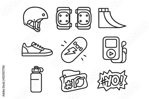 Outline icons of skateboarding gear and accessories including helmet and skateboard