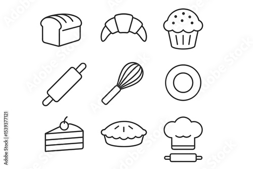 Icon set of bakery items and cooking tools including bread, croissant, muffin, and whisk