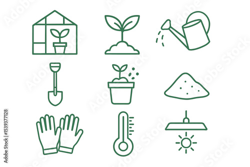 Gardening icons collection: tools, plants, and greenhouse elements