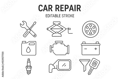 Editable stroke icon set of car repair tools and auto parts