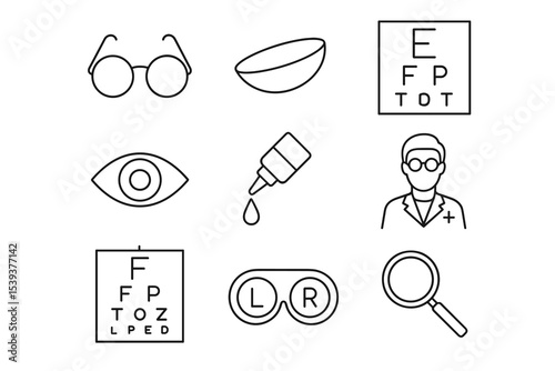 Eye care and vision correction icons set for optometry and ophthalmology