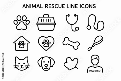 Animal rescue icons: paw, carrier, stethoscope, house, heart, bone, leash, cat, dog, volunteer