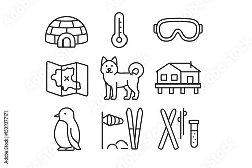 Arctic adventure icons: igloo, thermometer, goggles, map, dog, house, penguin, windsock, skis, test tube