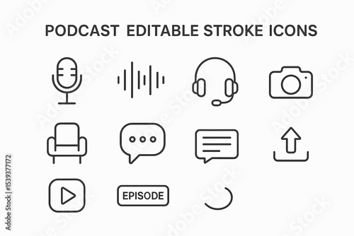 Podcast icon set: microphone, headphones, camera, chat bubble, episode, play button