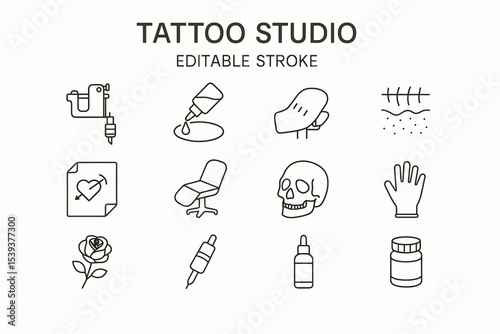 Tattoo studio icon set with equipment, designs, and materials
