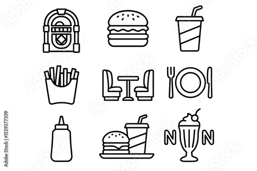 Retro diner icons: jukebox, burger, drink, french fries, booth, cutlery, ketchup, milkshake