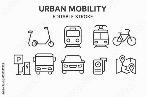 Urban mobility icons: scooter, train, tram, bicycle, charging, bus, car, fuel, navigation
