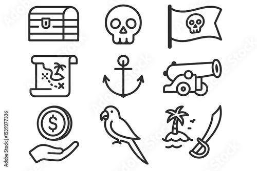 Pirate icon set featuring treasure, skull, map, anchor, cannon, pirate ship
