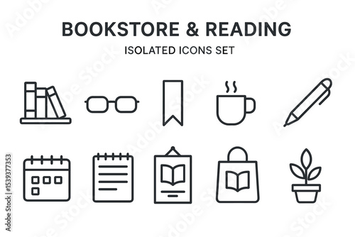 Bookstore and reading icon set with books, glasses, coffee, and bookmark symbols