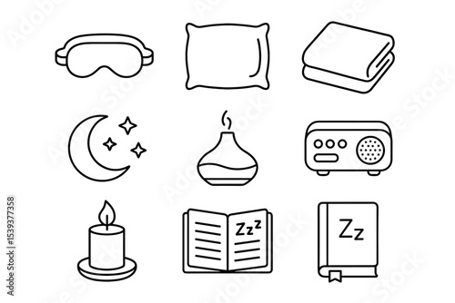 Sleep essentials: pillow, blanket, eye mask, diffuser, candle, night symbols