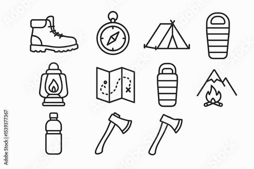 Camping equipment icons: boots, compass, tent, sleeping bag, lantern, map, water, axe, fire, mountain