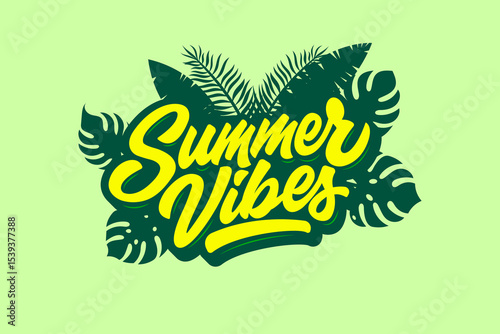Summer vibes sticker. Lettering design of Summer Vibes with tropical leaf