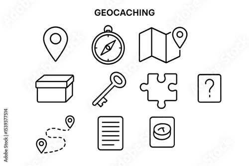 Geocaching icons: map, compass, puzzle, key, location pins