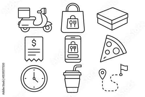 Food delivery icons: scooter, bag, pizza, drink, location path