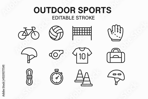 Outline icons of outdoor sports equipment including bike, ball, and helmet