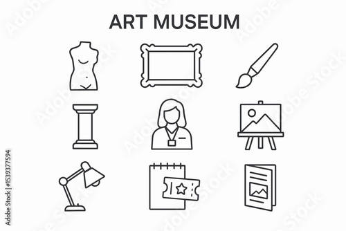 Art museum icons: sculpture, frame, paintbrush, column, visitor, easel, lamp, notebook, ticket, guide