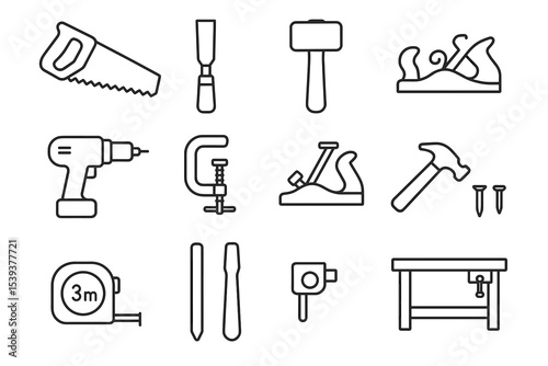 Line art of carpentry tools including saw, chisel, mallet, and workbench