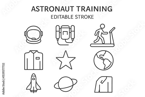 Astronaut training icons set: gear, treadmill, spacesuit, shuttle, globe, star, planet