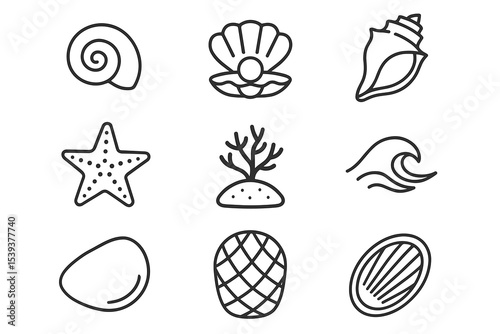 Collection of nautical icons featuring shells, starfish, coral, and waves
