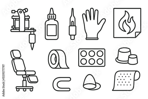 Tattoo studio icons set with equipment, gloves, and safety symbols