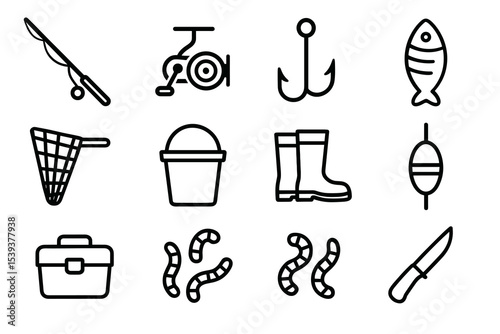 Fishing gear icons: rod, hook, fish, net, bucket, boots, float, tackle box, worms, knife
