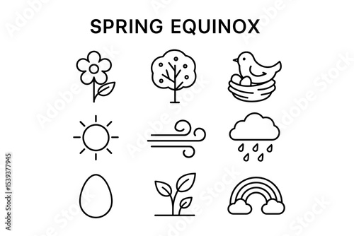 Spring equinox symbols: flower, tree, bird, sun, wind, rain, egg, plants, rainbow