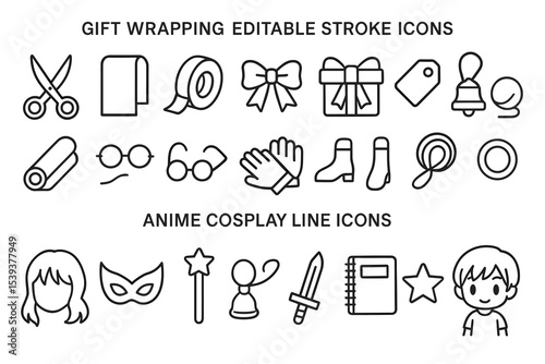 Gift wrapping and anime cosplay line icons: scissors, tape, gift, mask, wand, sword, character