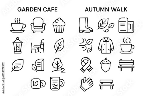 Garden cafe and autumn walk icons collection with cozy elements