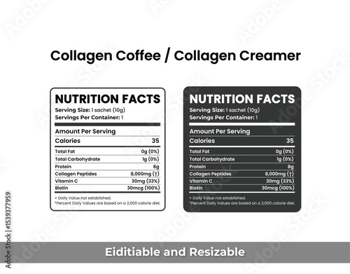 collagen coffee label, nutrition Facts, collagen creamer nutrition facts, biotin supplement chart, anti aging beauty drink, skin health coffee label, collagen protein chart, hyaluronic acid label