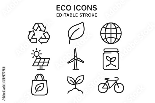 Set of eco icons with recycling, leaf, globe, solar, wind, jar, bag, plant, bicycle