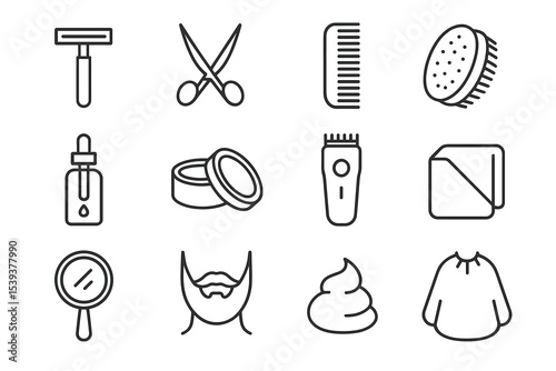 Grooming essentials: razor, scissors, comb, sponge, serum, cream, clipper, towel, mirror, beard, soap, shirt icons