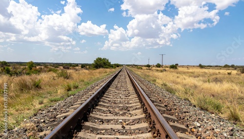 Empty railway tracks stretching into a vast, sunny landscape