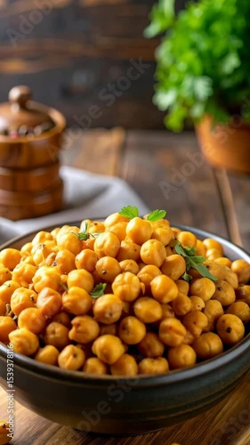 Golden roasted chickpeas in ceramic bowl, garnished with parsley, displayed on a wooden cutting board, healthy snack idea.