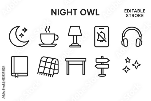 Night owl essentials: moon, coffee, lamp, headphones, book, blanket, table, sign, stars icons