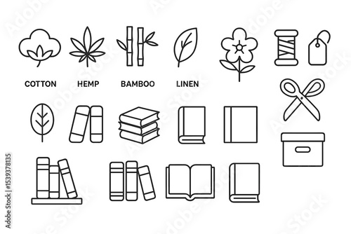 Icon set of sustainable materials and book symbols with labels