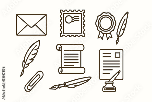 Vintage communication icons: envelopes, quills, stamps, and scrolls collection