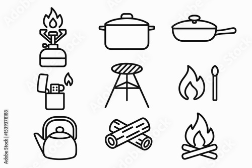 Outdoor cooking essentials: grill, campfire, stove, cookware, and heat sources icons