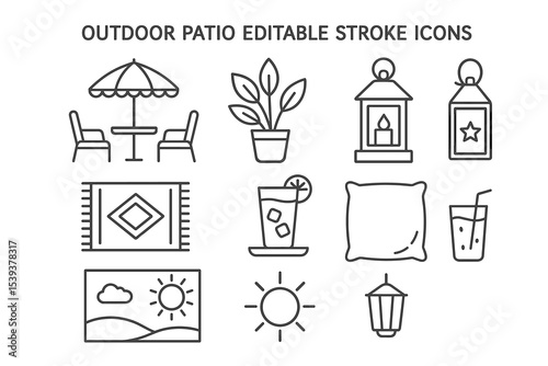 Outdoor patio icon set: furniture, plants, lighting, and decor elements
