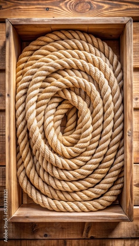 Natural fiber rope coil in a wooden crate