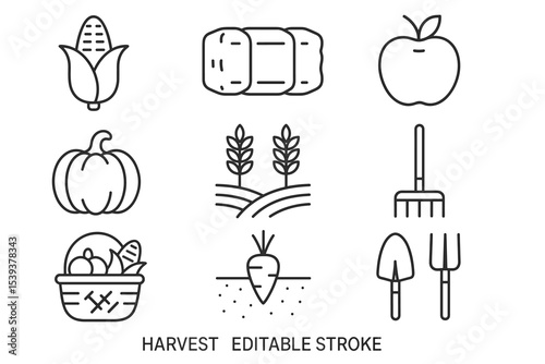 Harvest icons: corn, hay, apple, pumpkin, wheat, baskets, tools, carrot