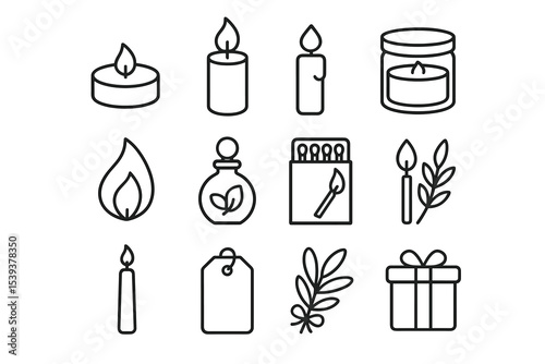 Set of minimalistic candle and match icons for home decor and gift ideas