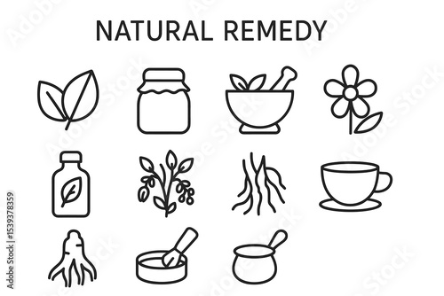 Natural remedy icons: herbs, jars, flowers, roots, tea, and mortar