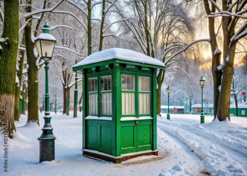 Green kiosk stands alone in the middle of a snowy street lined with tall trees and ice-covered buildings