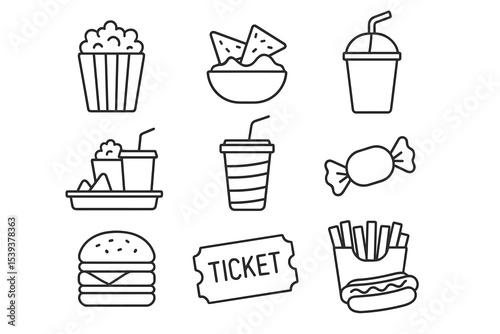 Cinema snack icons: popcorn, nachos, drinks, candy, burger, ticket, fries, hotdog