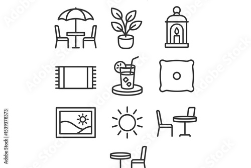 Outline icons of patio furniture, plants, lanterns, drinks, and decor elements
